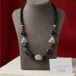 Black Onyx and Ceramic Statement Necklace - Elegant Black